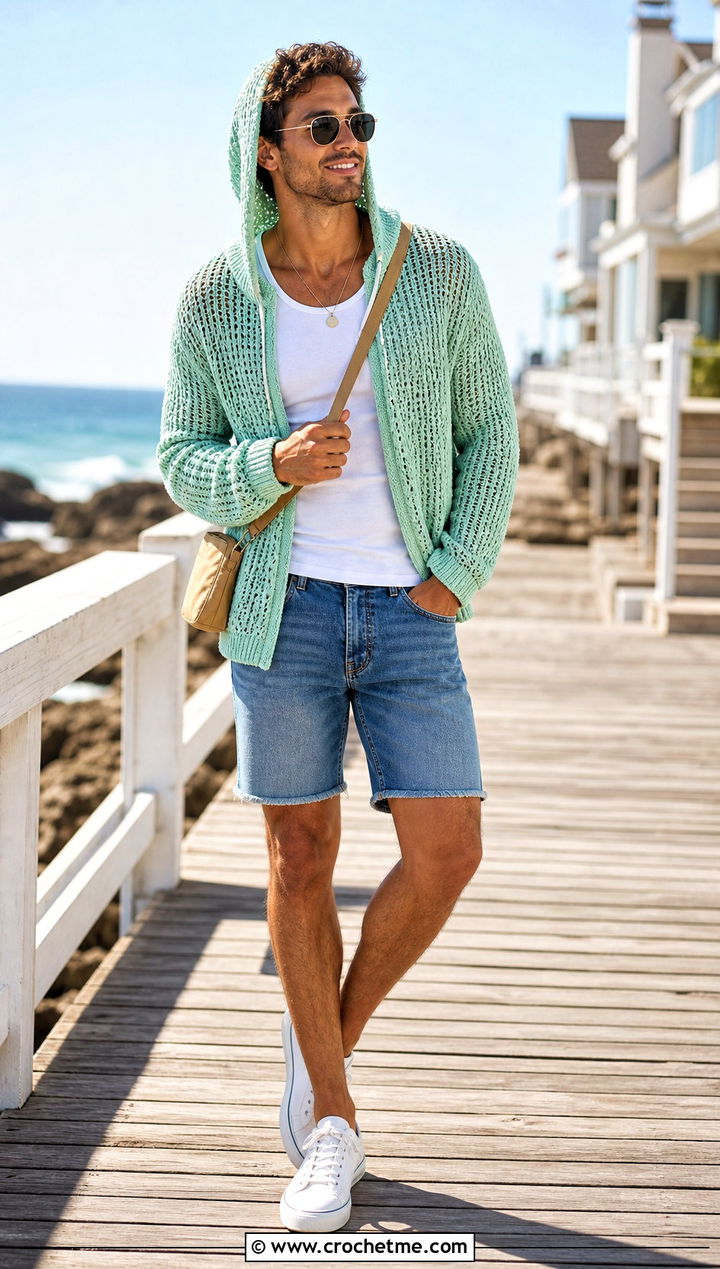 Lightweight Crochet Hoodie With Denim Shorts - 35 crochet hoodie for men outfit ideas