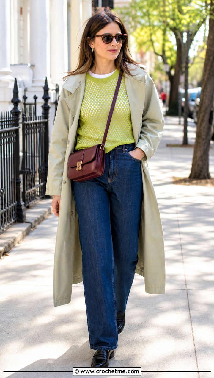 Lightweight Crochet Raglan Mesh Top With Trench Coat And Jeans - 25 Crochet Raglan Mesh Top outfit ideas