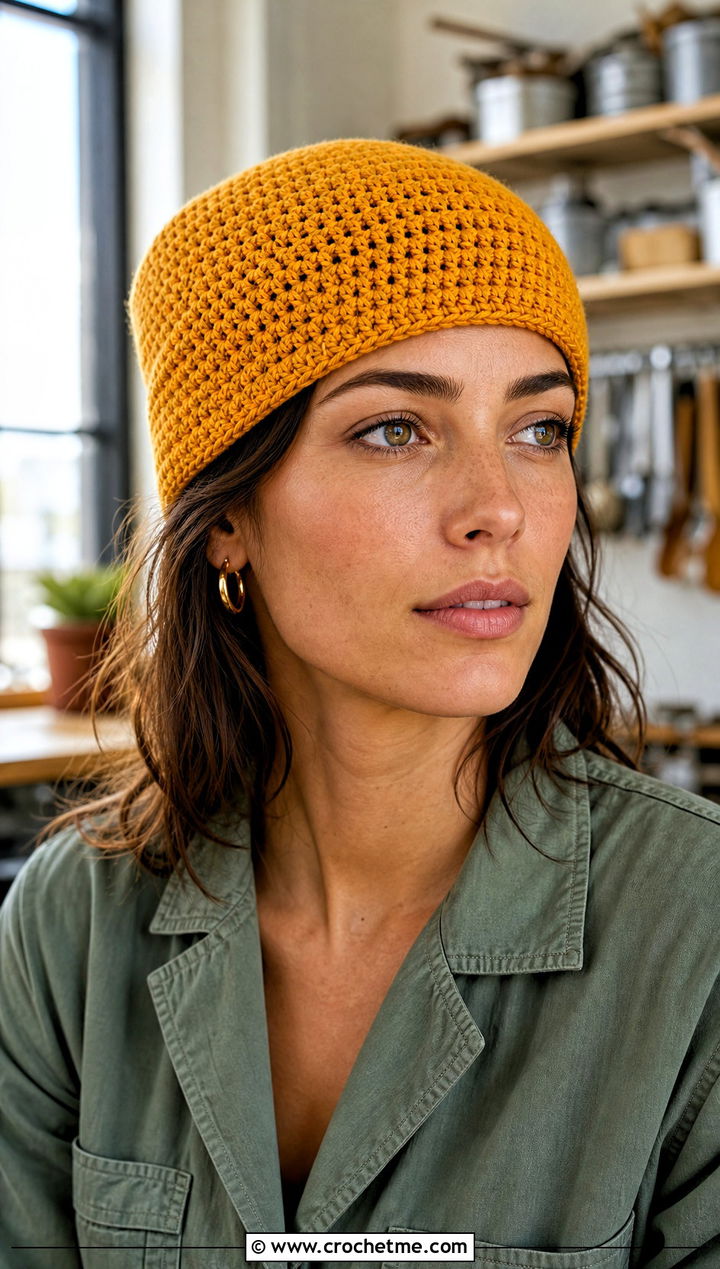 Lightweight Crochet Rectangle Beanie With Utility Jumpsuit - 25 Crochet Rectangle Hat outfit ideas