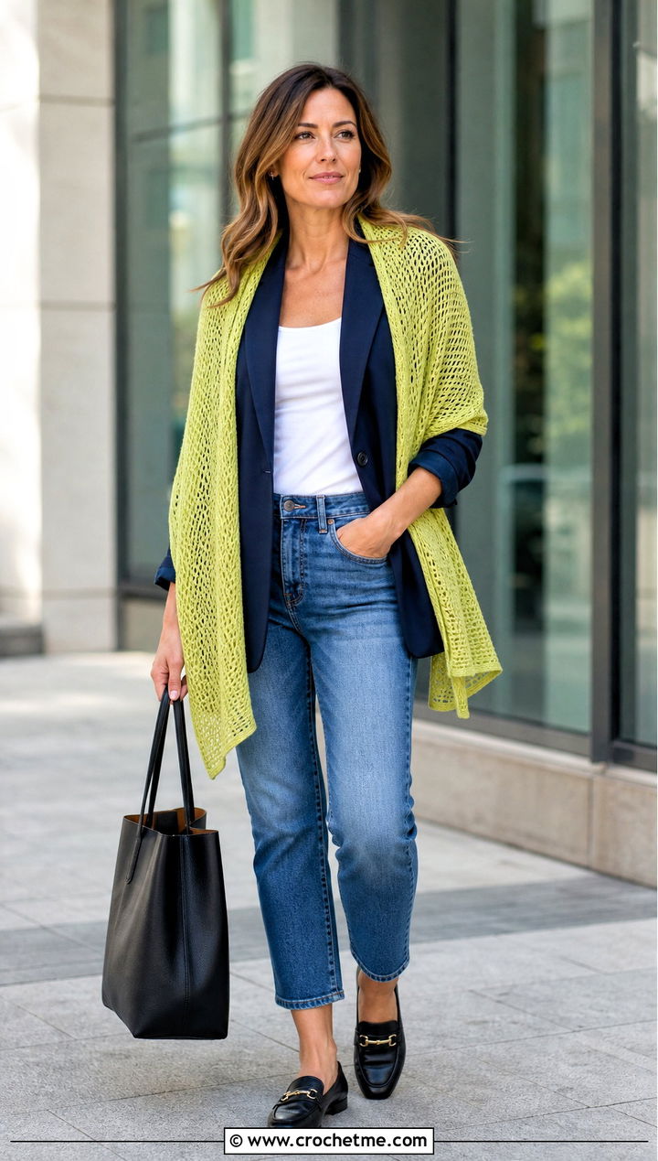 Lightweight Crochet Shawl With Blazer And Jeans - 25 Fall Crochet Shawl outfit ideas