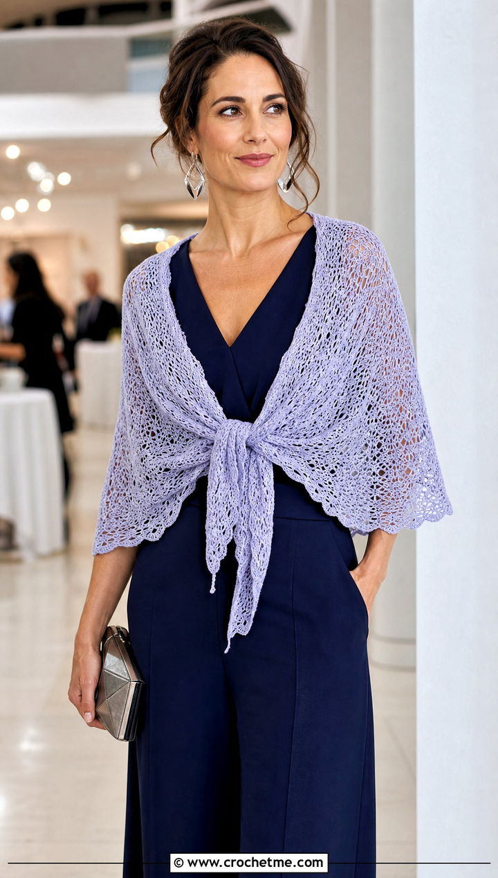 Lightweight Crochet Shawlette With Jumpsuit - 15 Never Ending Crochet Shawl outfit ideas