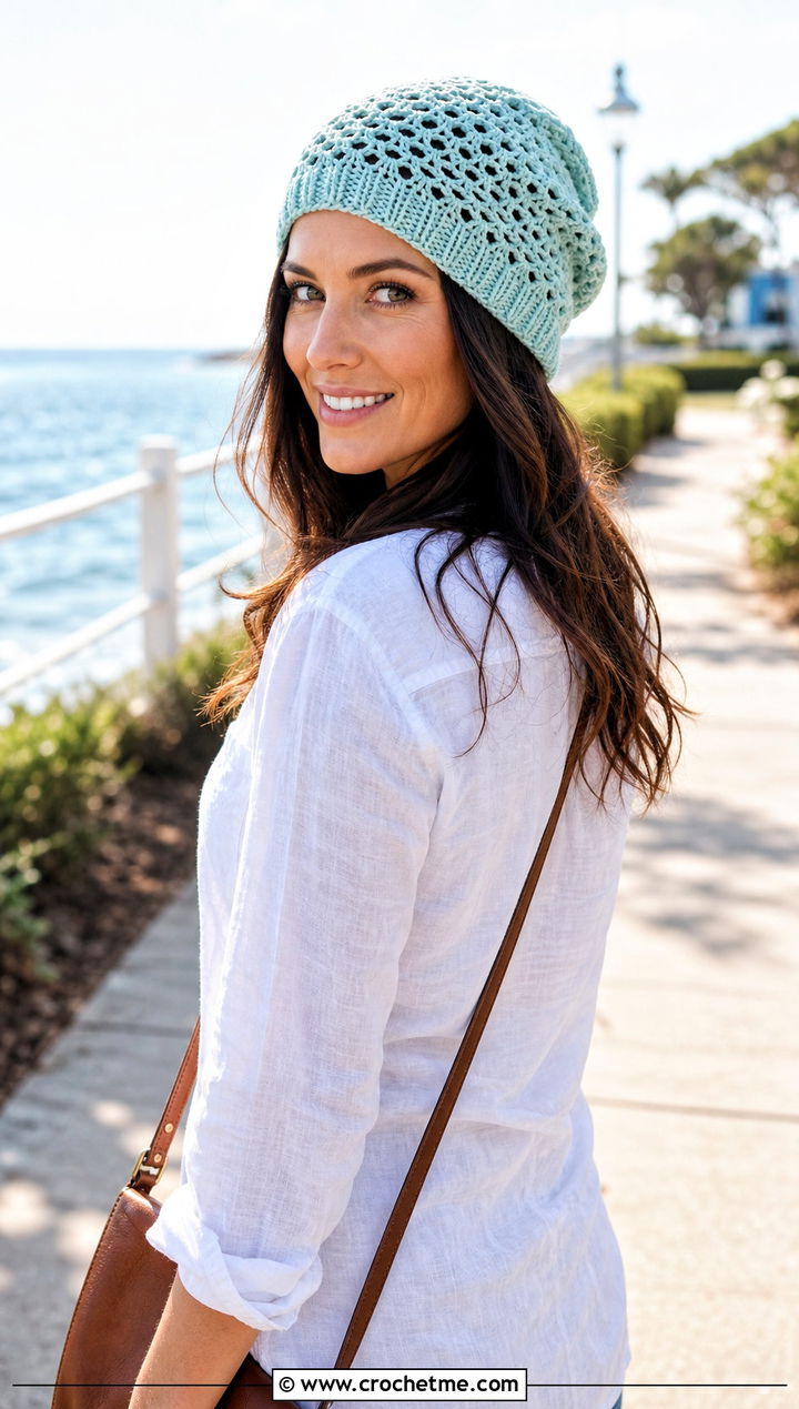 Lightweight Crochet Slouch Beanie With Linen Shirt And Jeans - 35 crochet slouch beanie outfit ideas