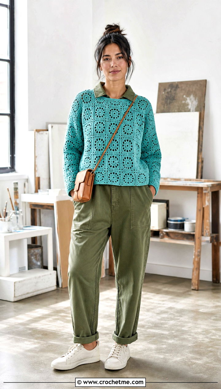 Lightweight Crochet Square Sweater With Utility Jumpsuit - 35 Crochet Square Sweater outfit ideas