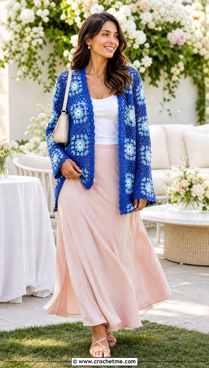 Lightweight Crochet Star Granny Square Cardigan With Maxi Skirt - 25 Crochet Star Granny Square Cardigan outfit ideas