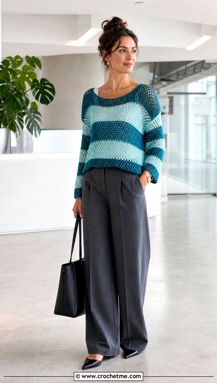Lightweight Crochet Striped Sweater With Tailored Trousers - 15 Crochet Stripped Sweater outfit ideas