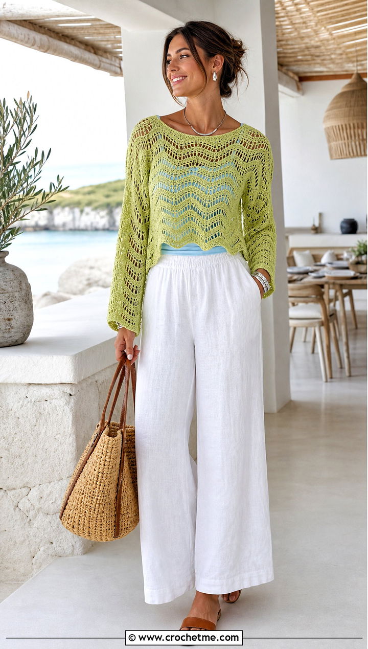 Lightweight Crochet Wave Sweater With Linen Pants - 30 crochet wave sweater outfit ideas