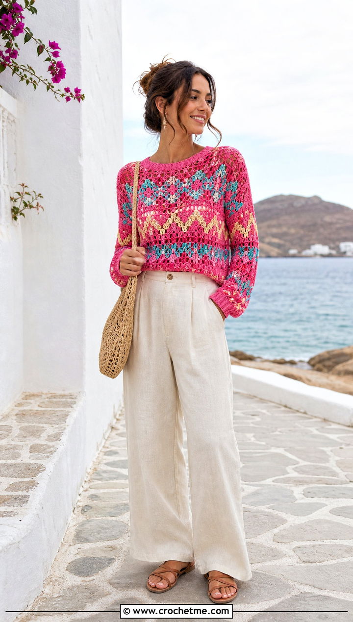 Lightweight Fair Isle Crochet Sweater With Linen Pants - 25 fair isle crochet sweater outfit ideas