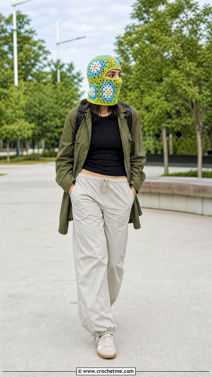 Lightweight Granny Square Balaclava With Utility Jacket - 35 granny square balaclava outfit ideas