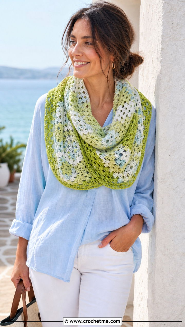 Lightweight Granny Square Cowl With Linen Shirt - 25 Granny Square Cowl outfit ideas
