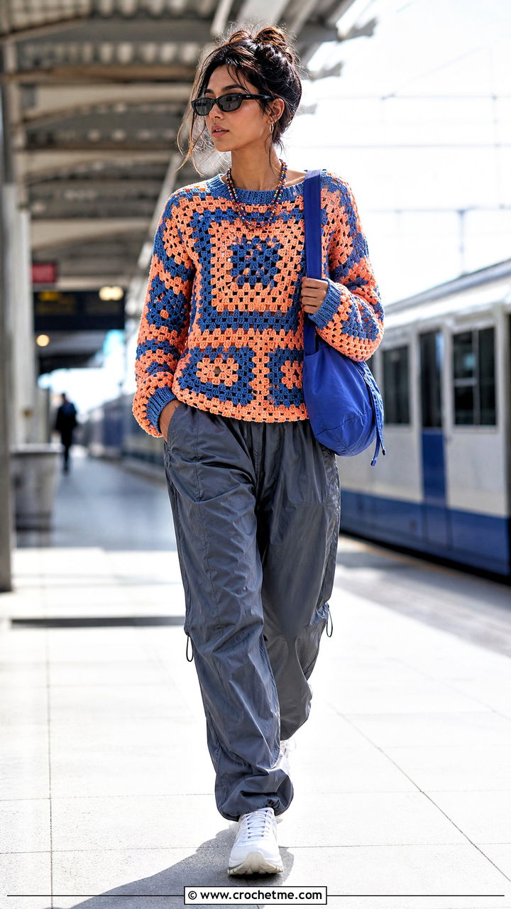 Lightweight Granny Square Crochet Sweater With Parachute Pants - 35 granny square crochet sweater outfit ideas