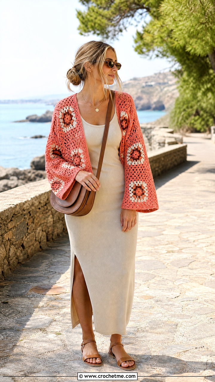 Lightweight Granny Square Jacket With Ribbed Tank Dress - 35 granny square jacket outfit ideas