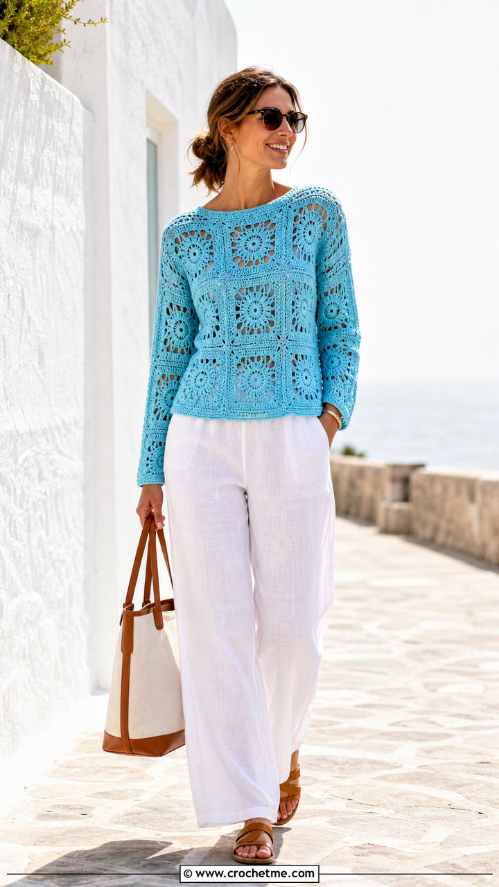 Lightweight Granny Square Pullover With Linen Pants - 35 granny square pullover outfit ideas