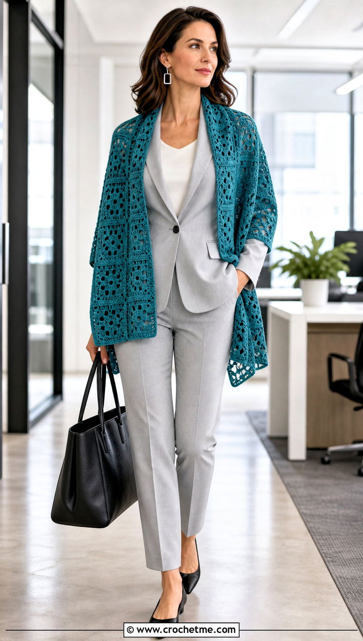 Lightweight Granny Square Shawl With Blazer And Trousers - 35 granny square shawl outfit ideas