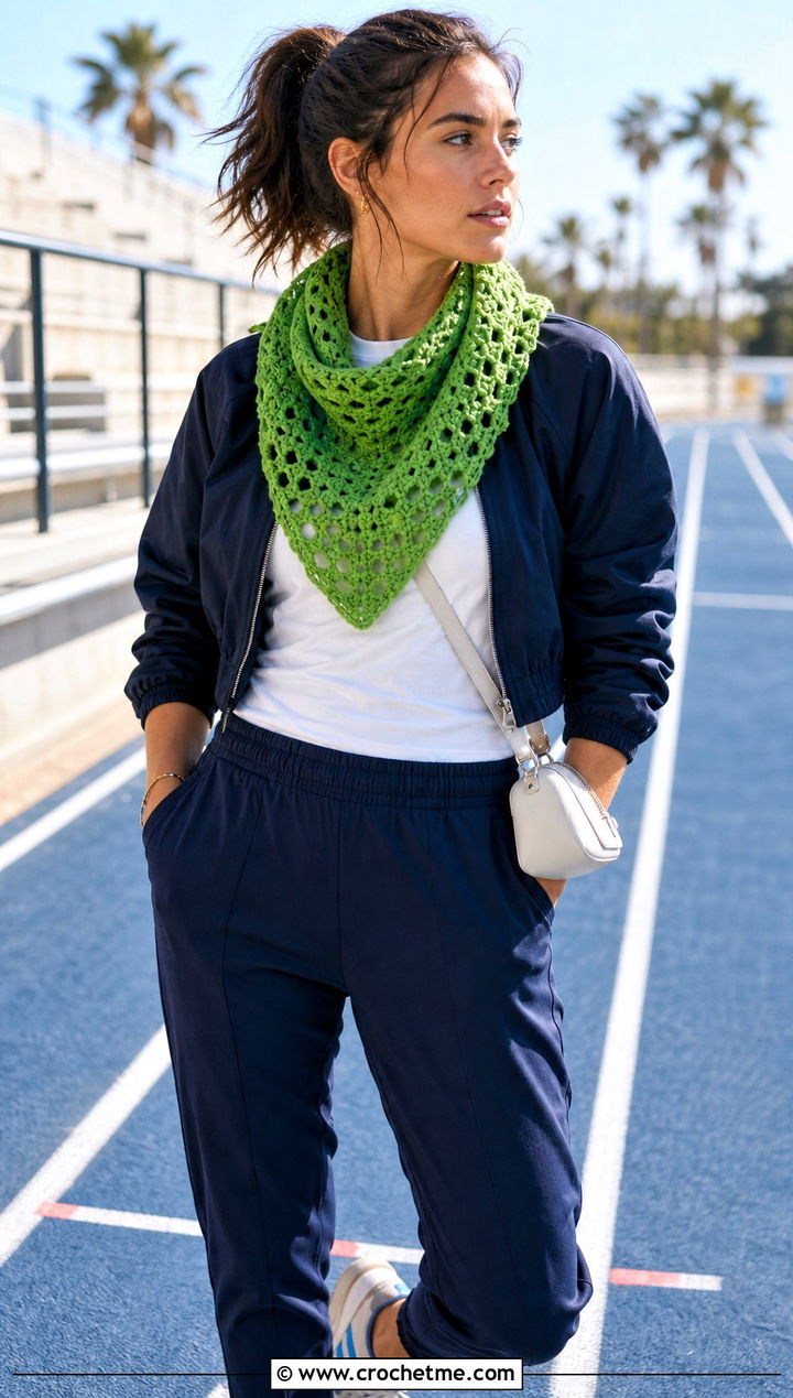 Lightweight Granny Square Triangle Shawl With Track Pants - 30 granny square triangle shawl outfit ideas