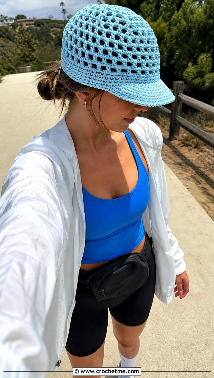 Lightweight Granny Stitch Cap With Windbreaker And Bike Shorts - 30 crochet granny stitch hat outfit ideas