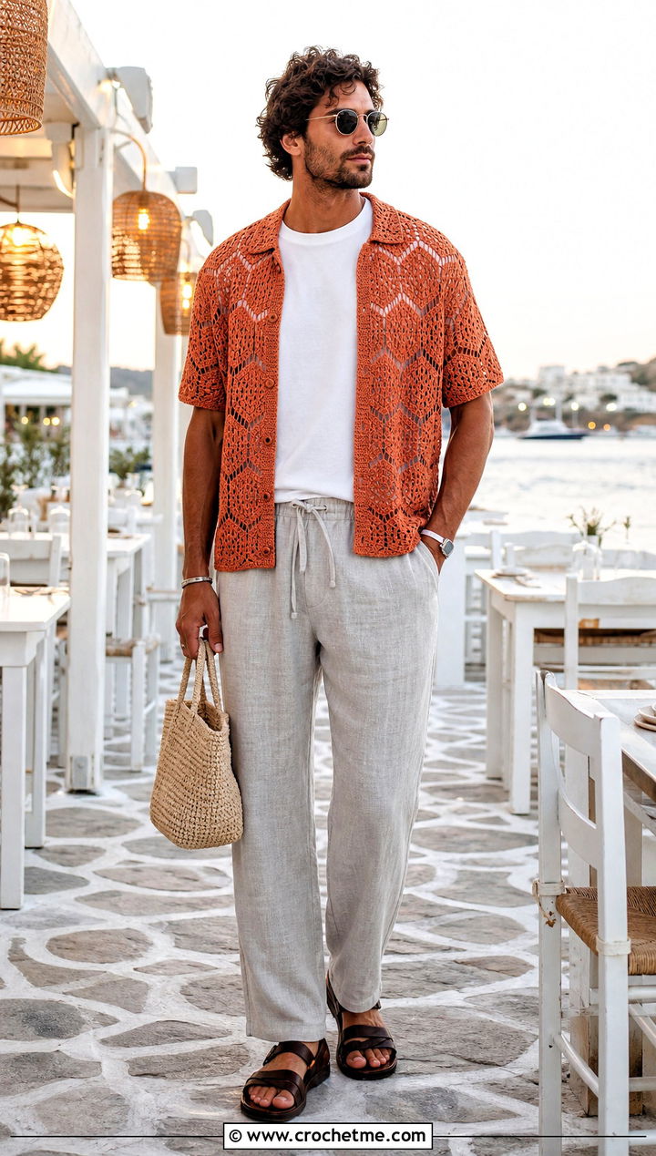 Lightweight Hexagon Crochet Cardigan With Drawstring Trousers - 35 men hexagon crochet cardigan outfit ideas