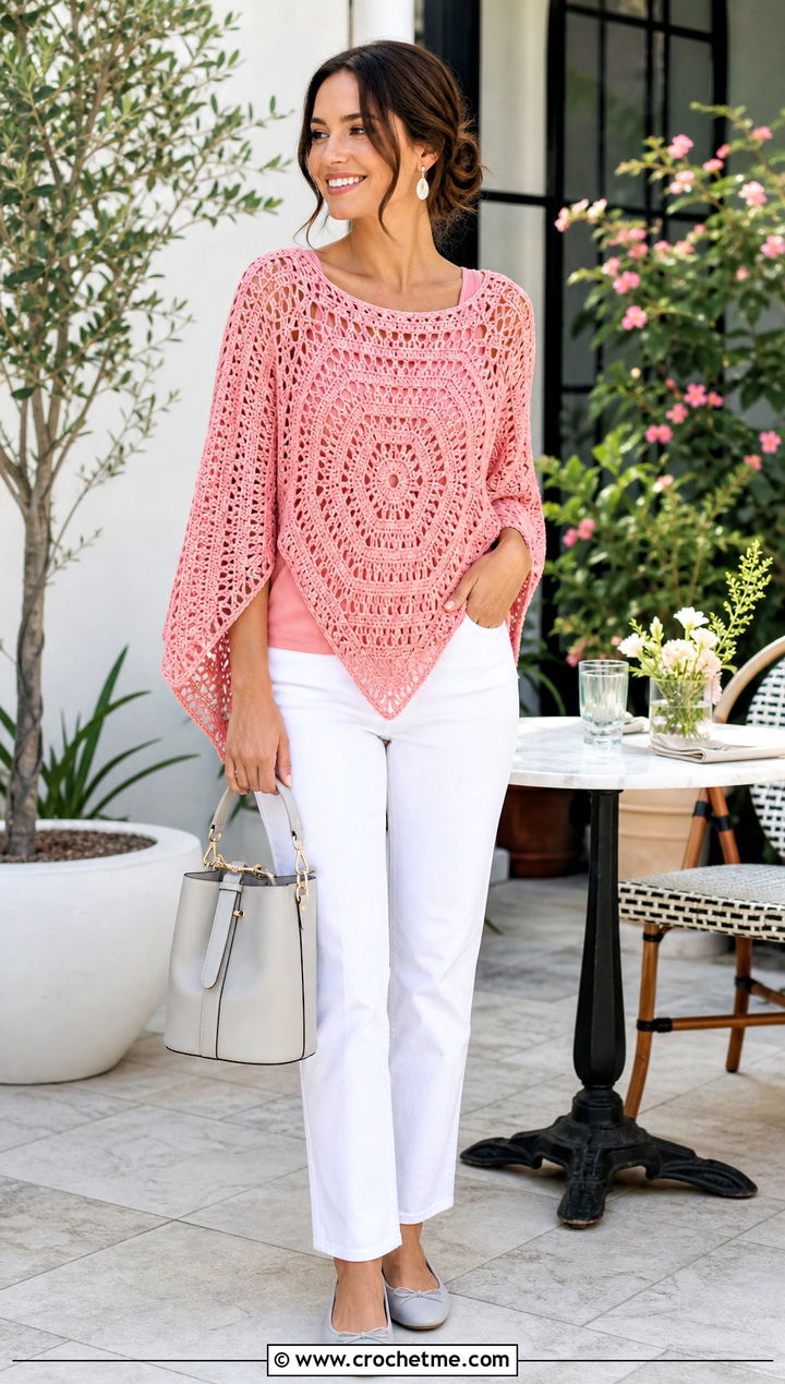 Lightweight Hexagon Crochet Poncho With White Jeans - 20 Hexagon Crochet Poncho outfit ideas