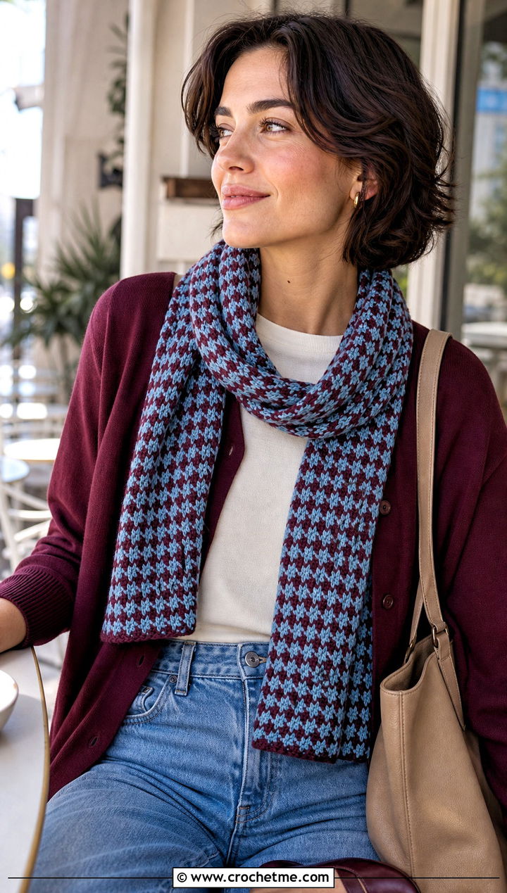 Lightweight Houndstooth Crochet Scarf With Cardigan And Jeans - 15 Houndstooth Crochet Scarf outfit ideas