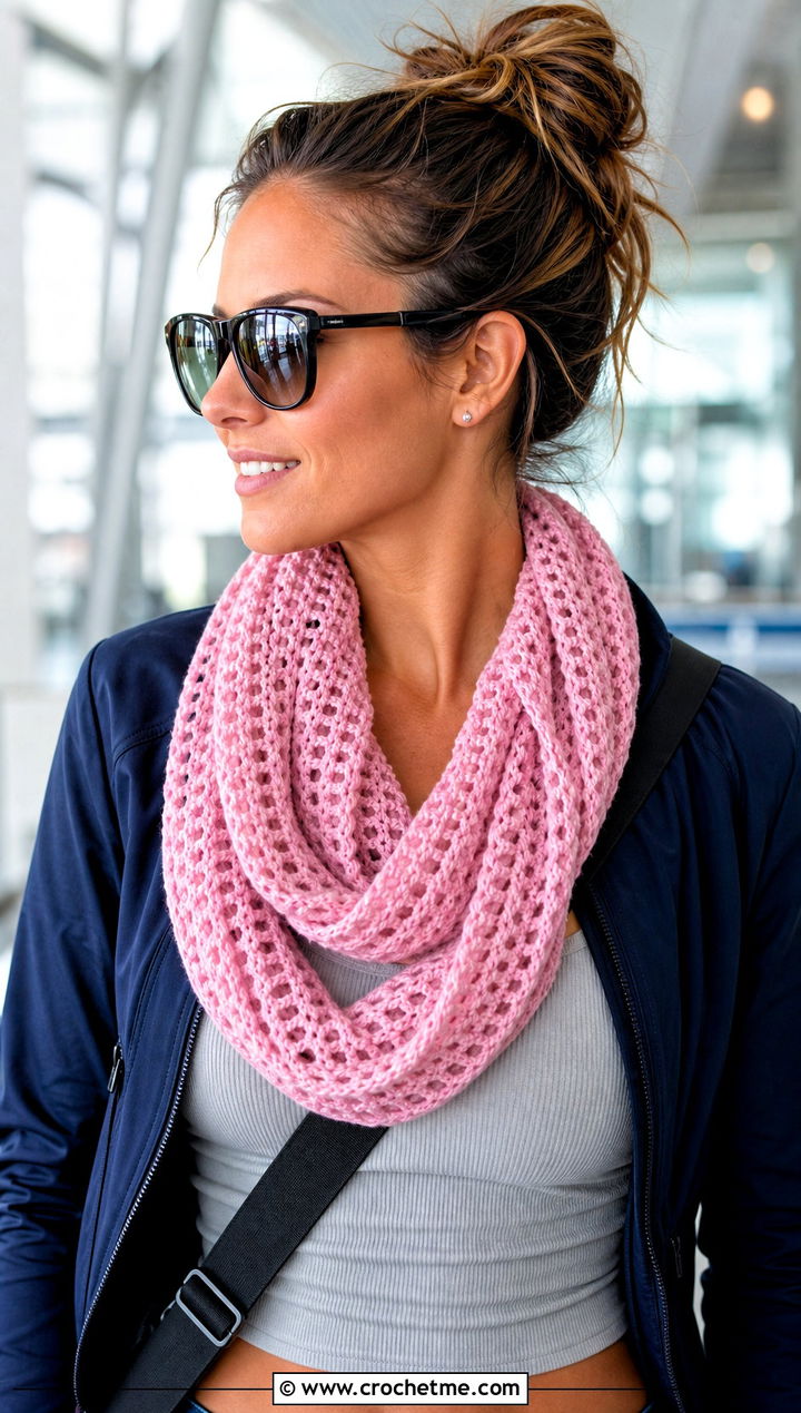 Lightweight Infinity Crochet Scarf With Athleisure - 15 Light Weight Crochet Scarf outfit ideas