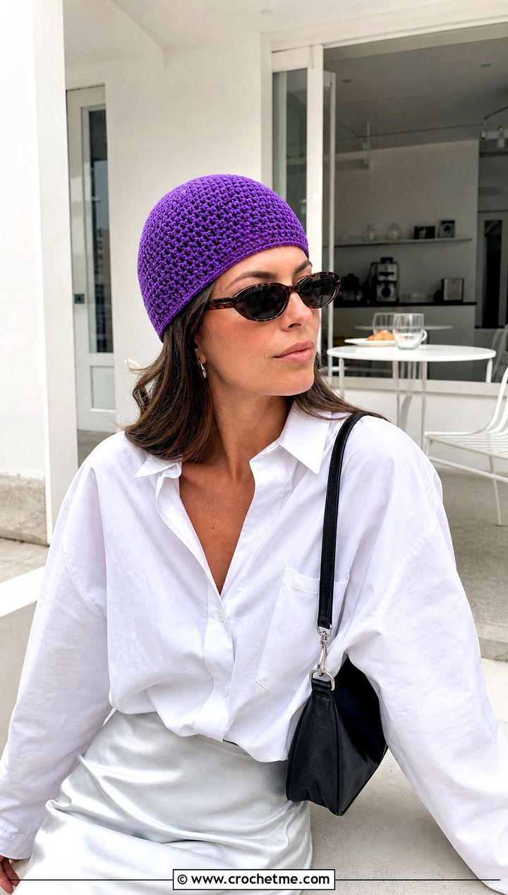 Lightweight Knit Look Crochet Skull Cap With Satin Skirt - 15 Crochet Hat That Looks Knitted outfit ideas
