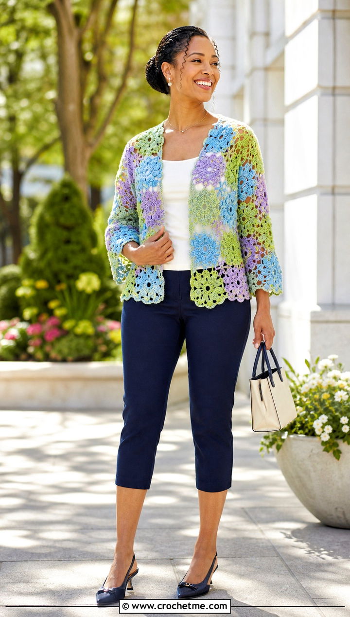 Lightweight Lace African Flower Crochet Cardigan With Capri Pants - 30 african flower crochet cardigan outfit ideas