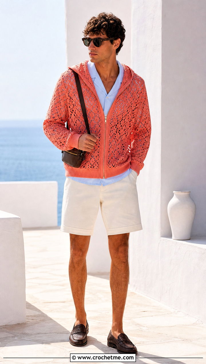 Lightweight Lace Crochet Hoodie With Camp Collar Shirt And Shorts - 25 Crochet Hoodie Men outfit ideas