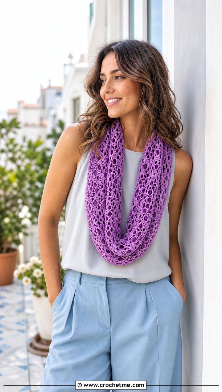 Lightweight Lace Crochet Snood Scarf With Wide Leg Trousers - 25 crochet snood scarf outfit ideas