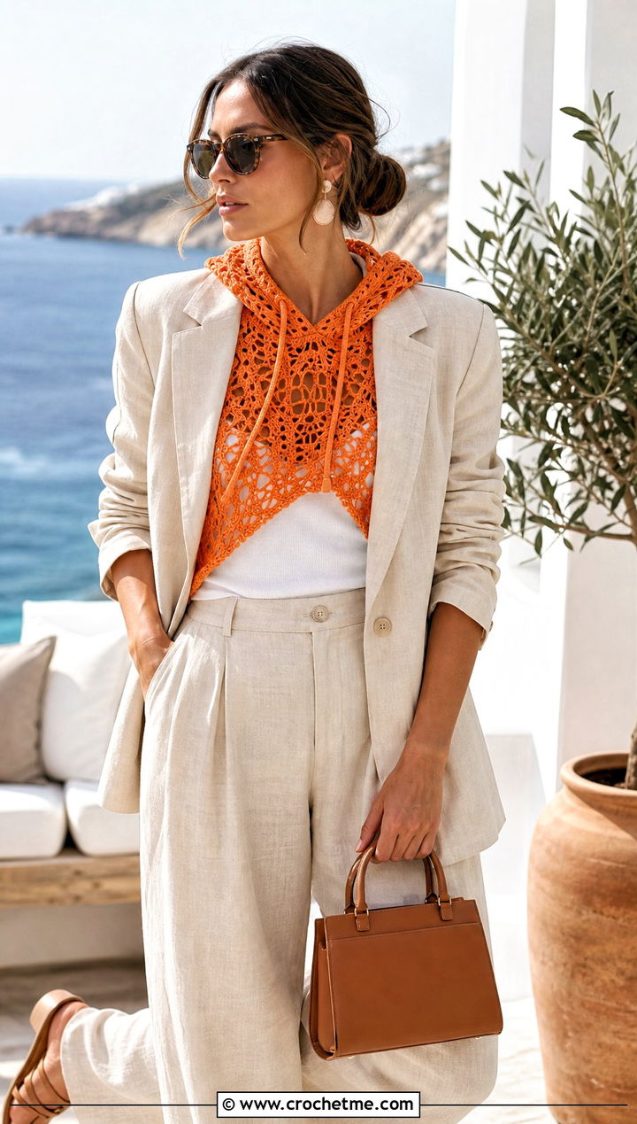 Lightweight Lace Crochet Turtle Neck Hoodie With Linen Suit - 30 crochet turtle neck hoodie outfit ideas