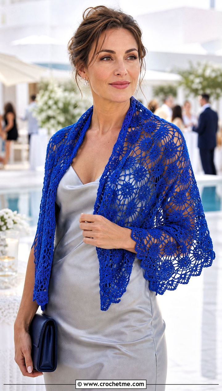 Lightweight Lace Virus Shawl With Slip Dress - 35 crochet virus shawl outfit ideas