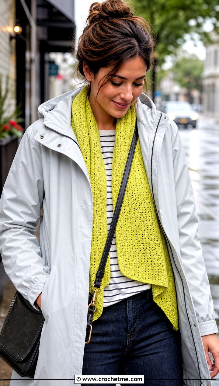 Lightweight Lemon Peel Stitch Scarf With Rain Jacket - 20 Crochet Lemon Peel Stitch Scarf outfit ideas