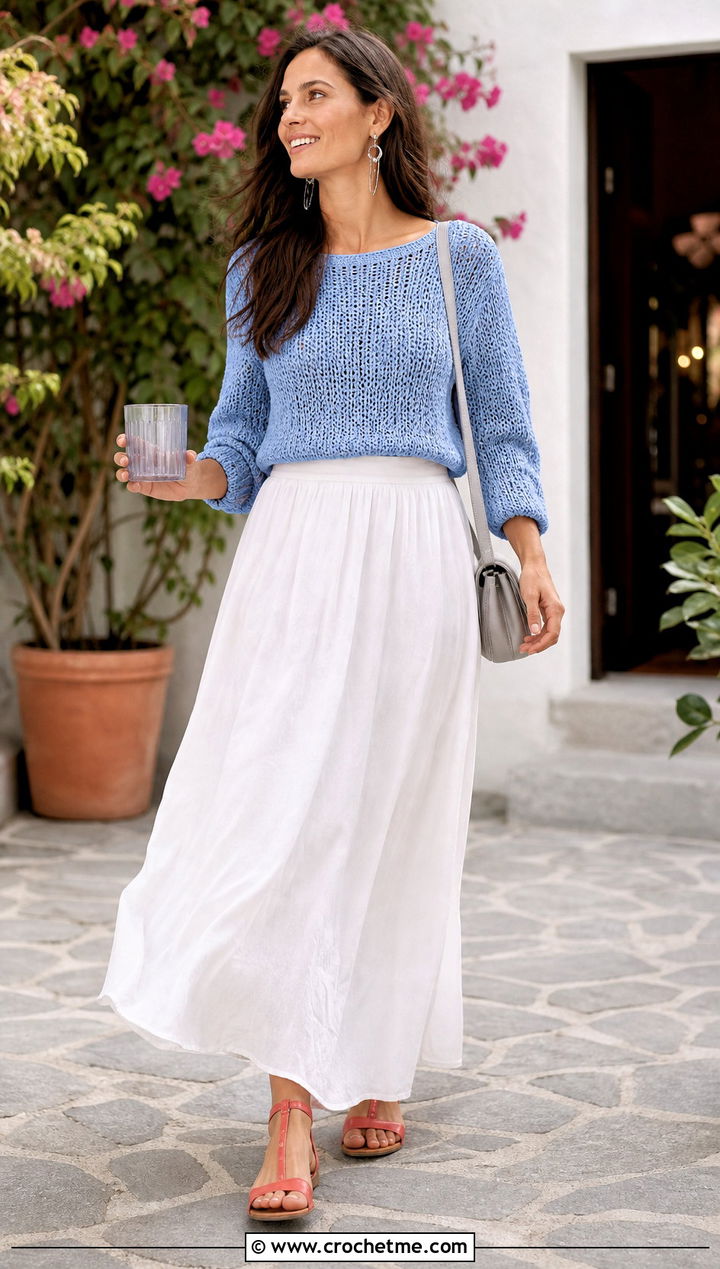 Lightweight Linen Stitch Crochet Pullover With Maxi Skirt - 25 women crochet pullover outfit ideas