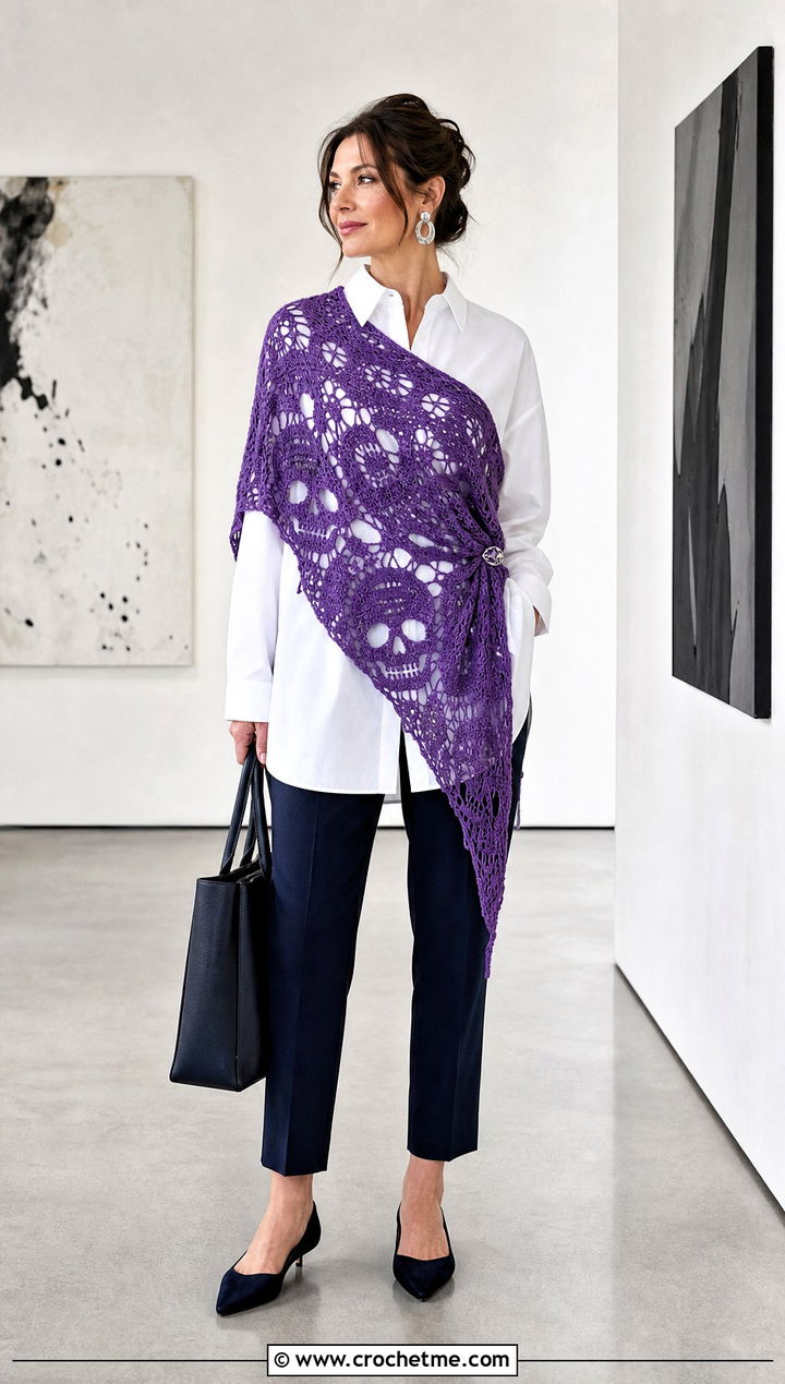 Lightweight Lost Souls Shawl With White Shirt And Trousers - 35 crochet lost souls shawl outfit ideas