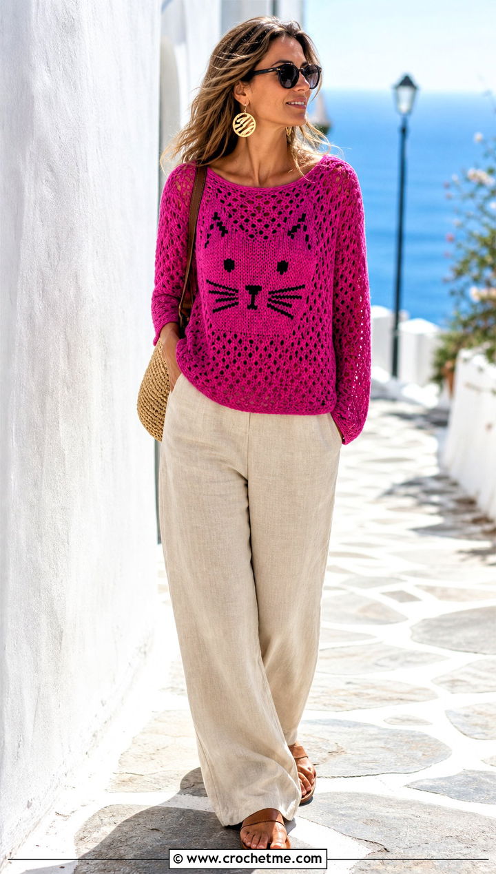 Lightweight Marceline Cat Sweater With Linen Pants - 30 crochet marceline sweater outfit ideas