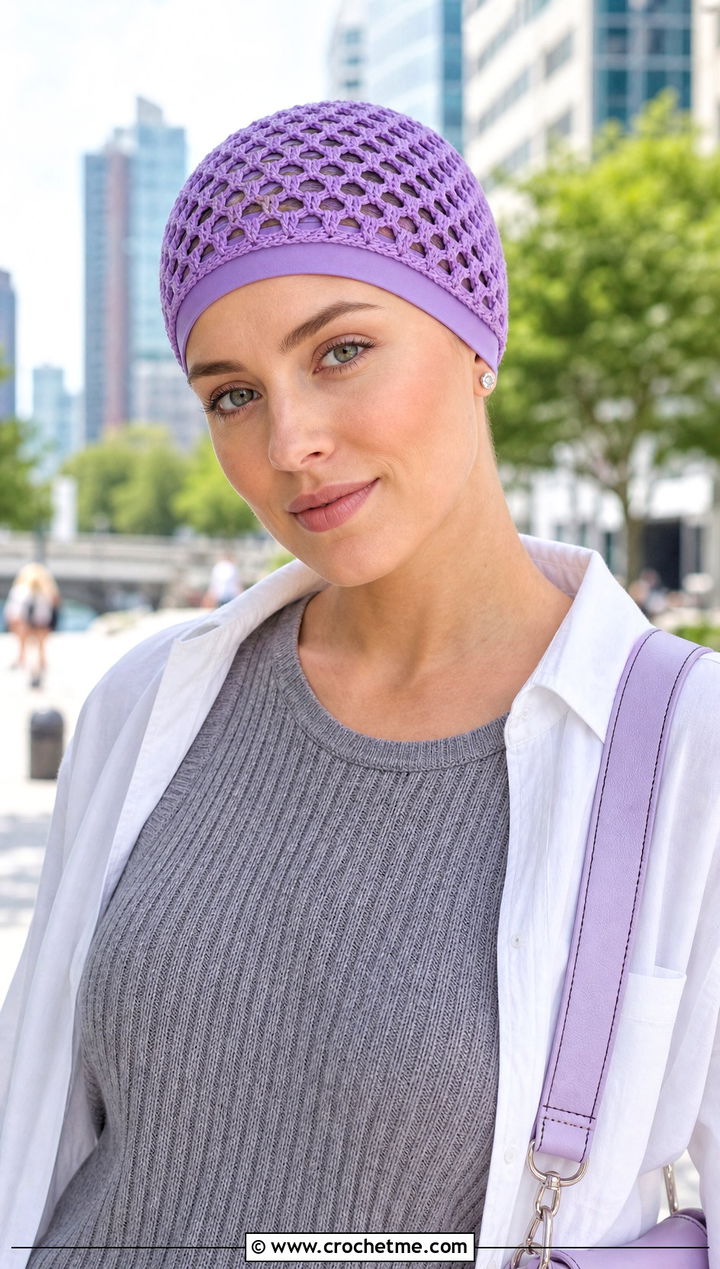 Lightweight Mesh Crochet Chemo Cap With Cargo Pants - 30 crochet chemo hat outfit ideas