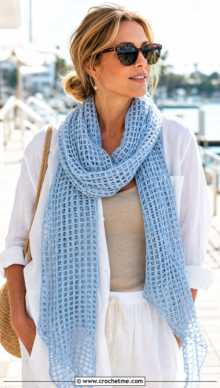 Lightweight Mesh Crochet Windowpane Scarf With Linen Shirt - 15 crochet windowpane scarf outfit ideas
