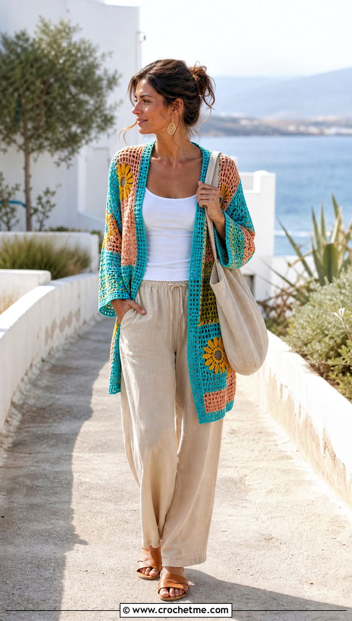 Lightweight Mesh Patchwork Crochet Cardigan With Linen Trousers - 15 harry styles patchwork crochet cardigan outfit ideas