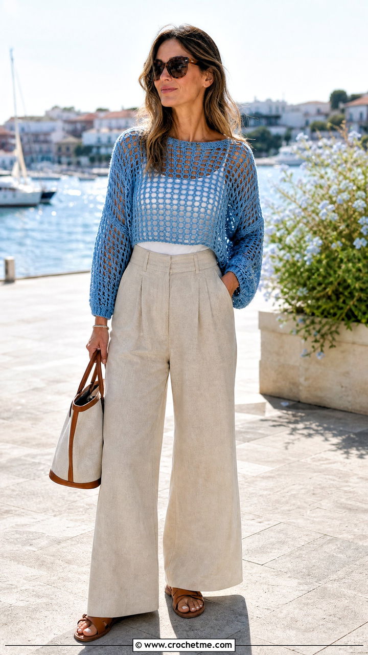 Lightweight Mohair Crochet Sweater With Linen Pants - 35 mohair crochet sweater outfit ideas