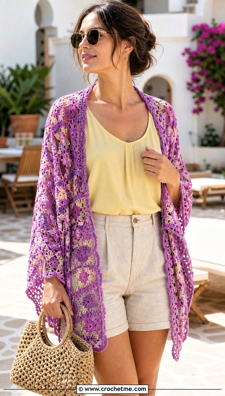 Lightweight Mosaic Crochet Shawl With Tailored Shorts - 30 mosaic crochet shawl outfit ideas