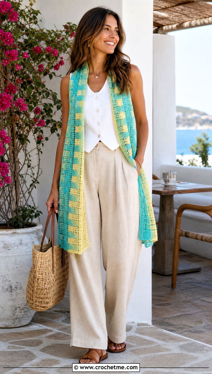 Lightweight Piano Lace Scarf With Linen Outfit - 35 crochet piano scarf outfit ideas