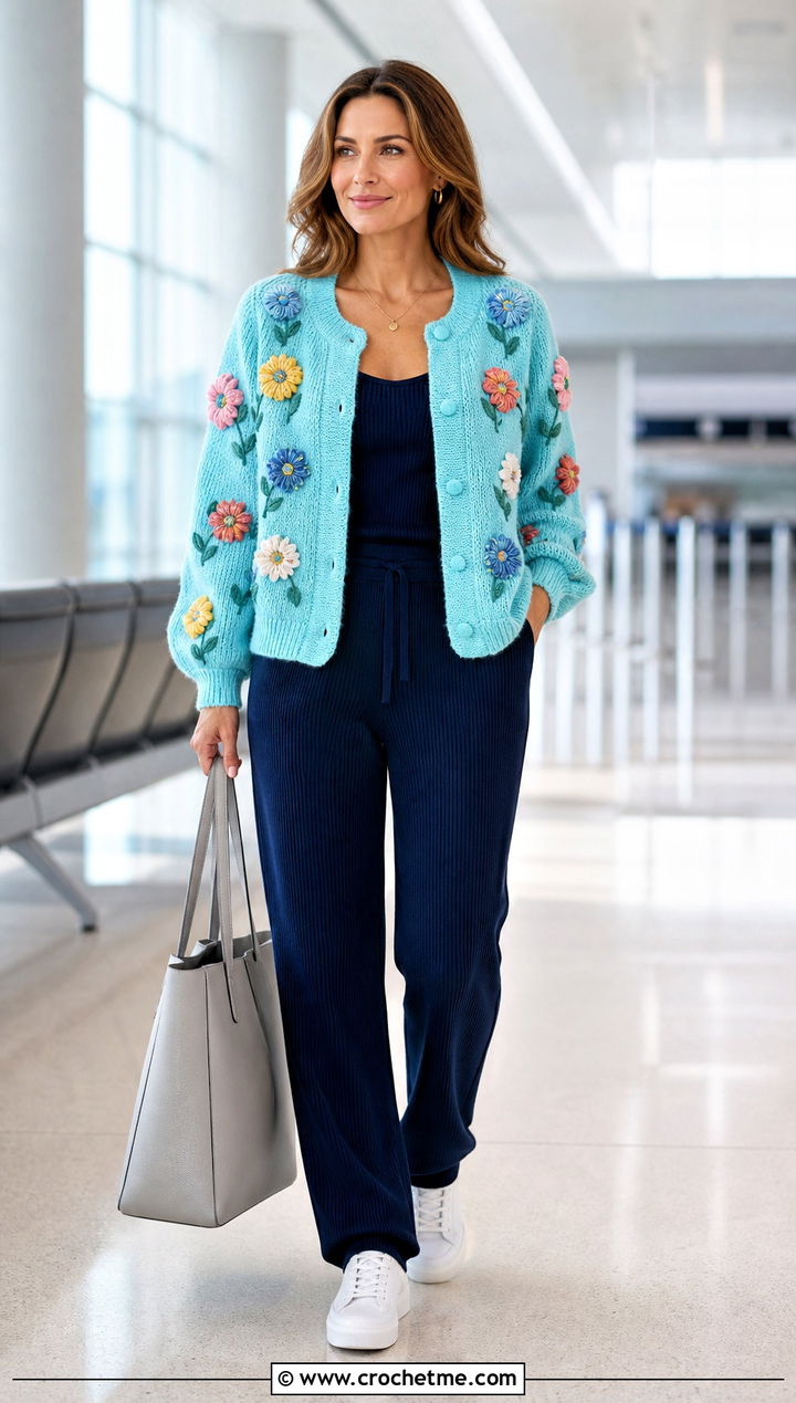 Lightweight Puff Flower Cardigan With Knit Set - 15 Crochet Puff Flower Cardigan outfit ideas