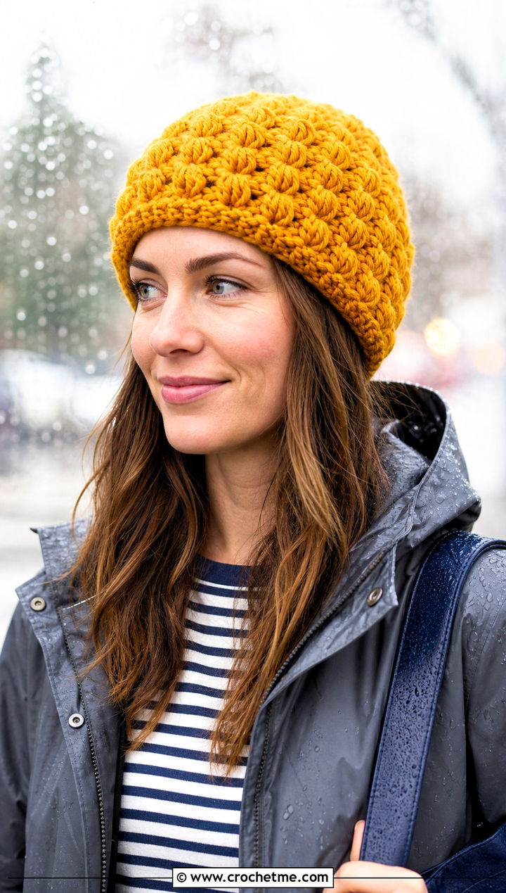 Lightweight Puff Stitch Beanie With Raincoat And Cropped Trousers - 25 crochet puff stitch beanie outfit ideas