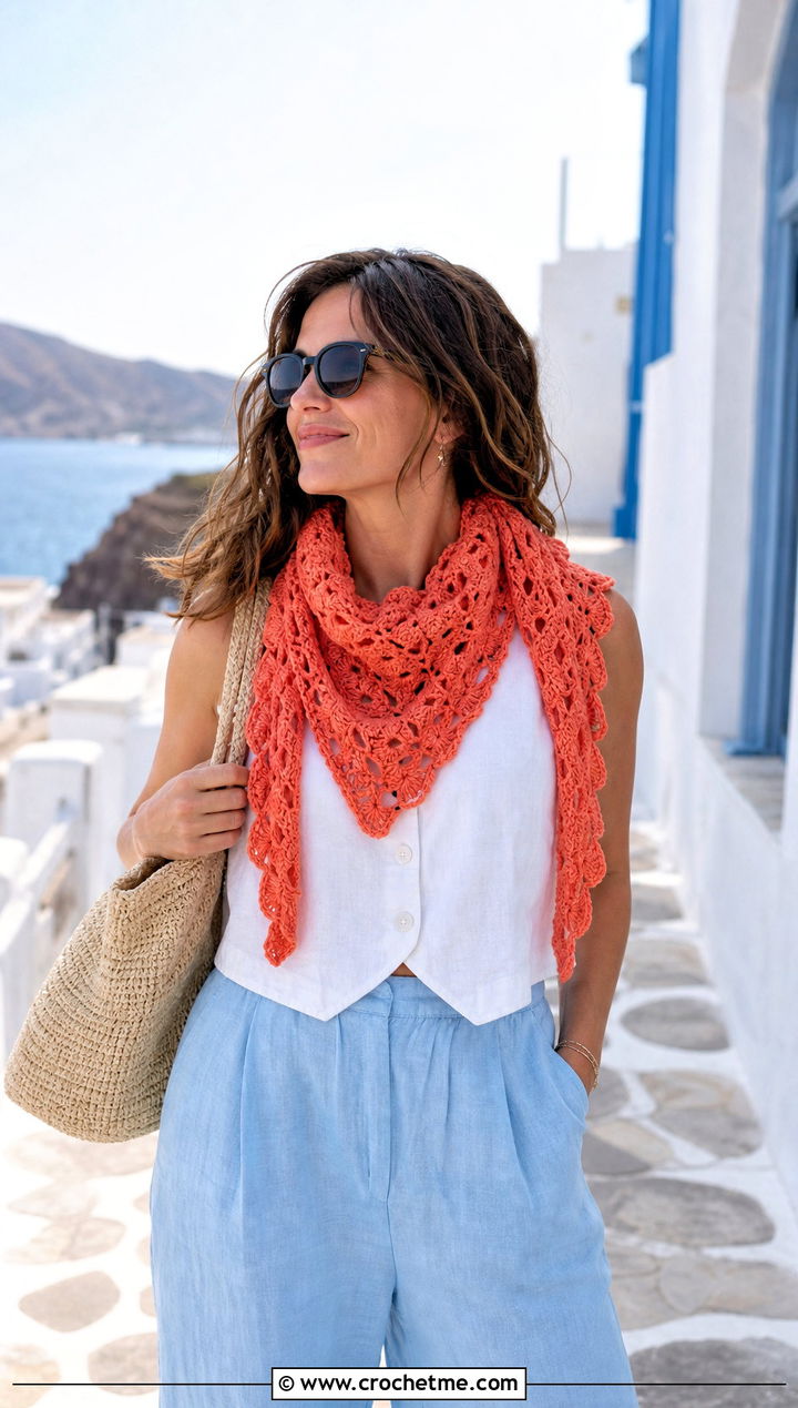 Lightweight Puff Stitch Triangle Scarf With Linen Set - 15 Playful Puffs Crochet Scarf outfit ideas
