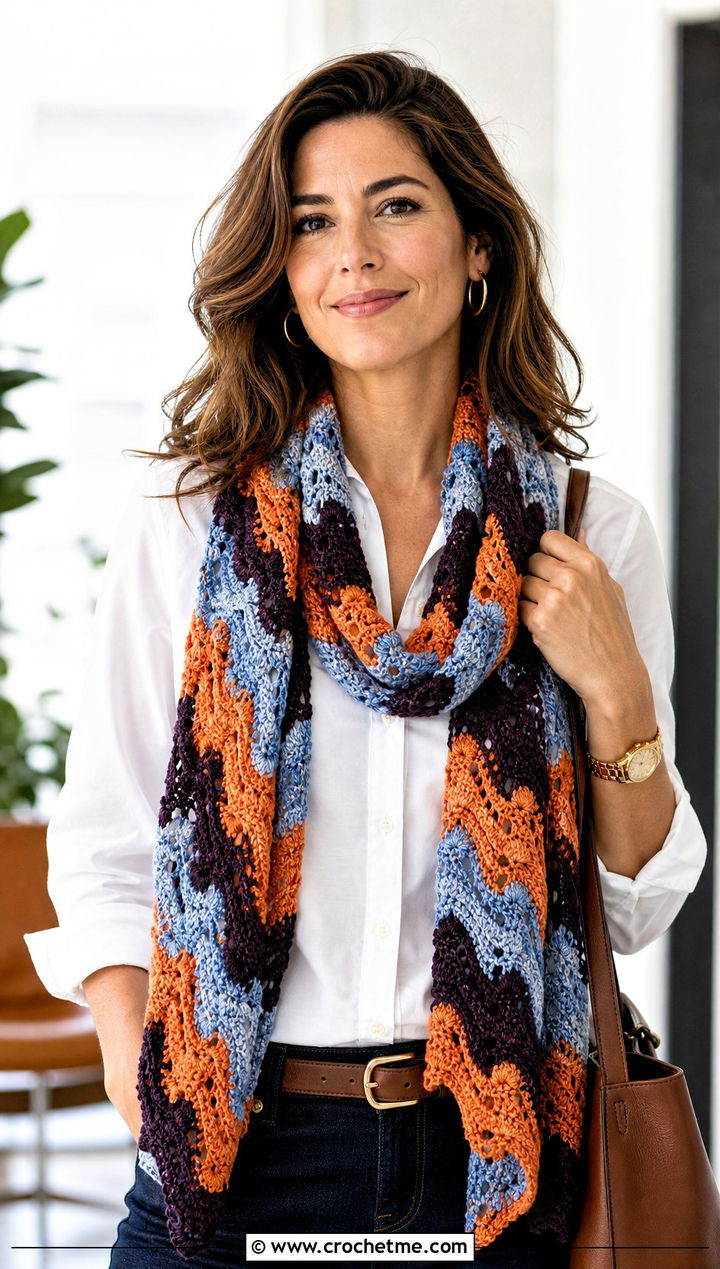 Lightweight Ripple Crochet Crayon Scarf With White Shirt - 15 Crochet Crayon Scarf outfit ideas