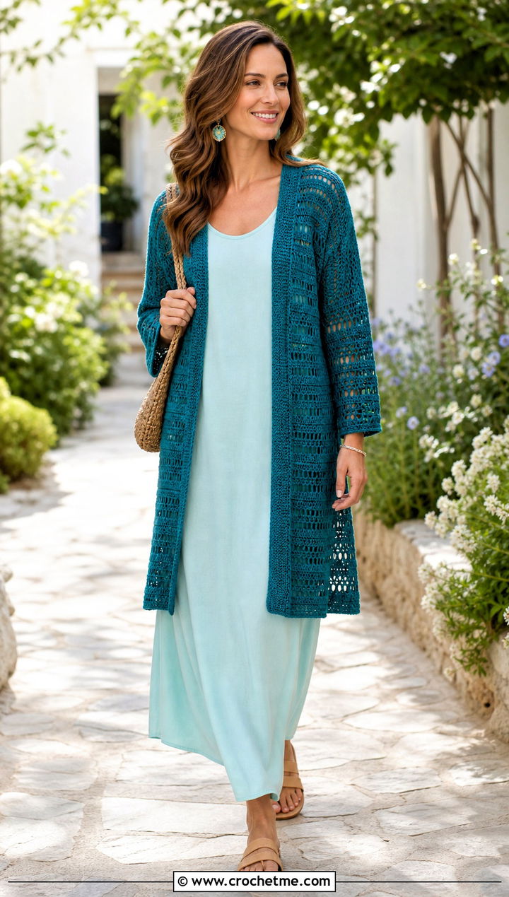 Lightweight Riverbed Crochet Cardigan With Maxi Dress - 25 riverbed crochet cardigan outfit ideas