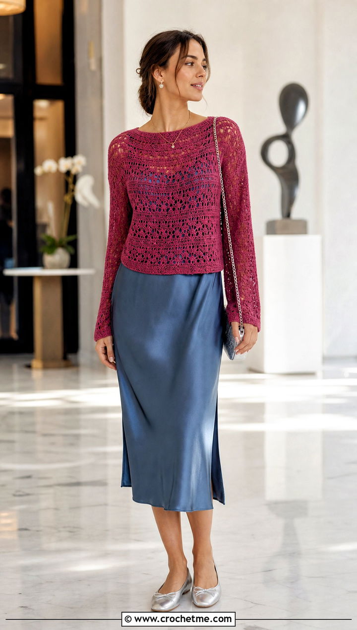 Lightweight Round Yoke Crochet Sweater With Slip Dress - 20 Round Yoke Crochet Sweater outfit ideas