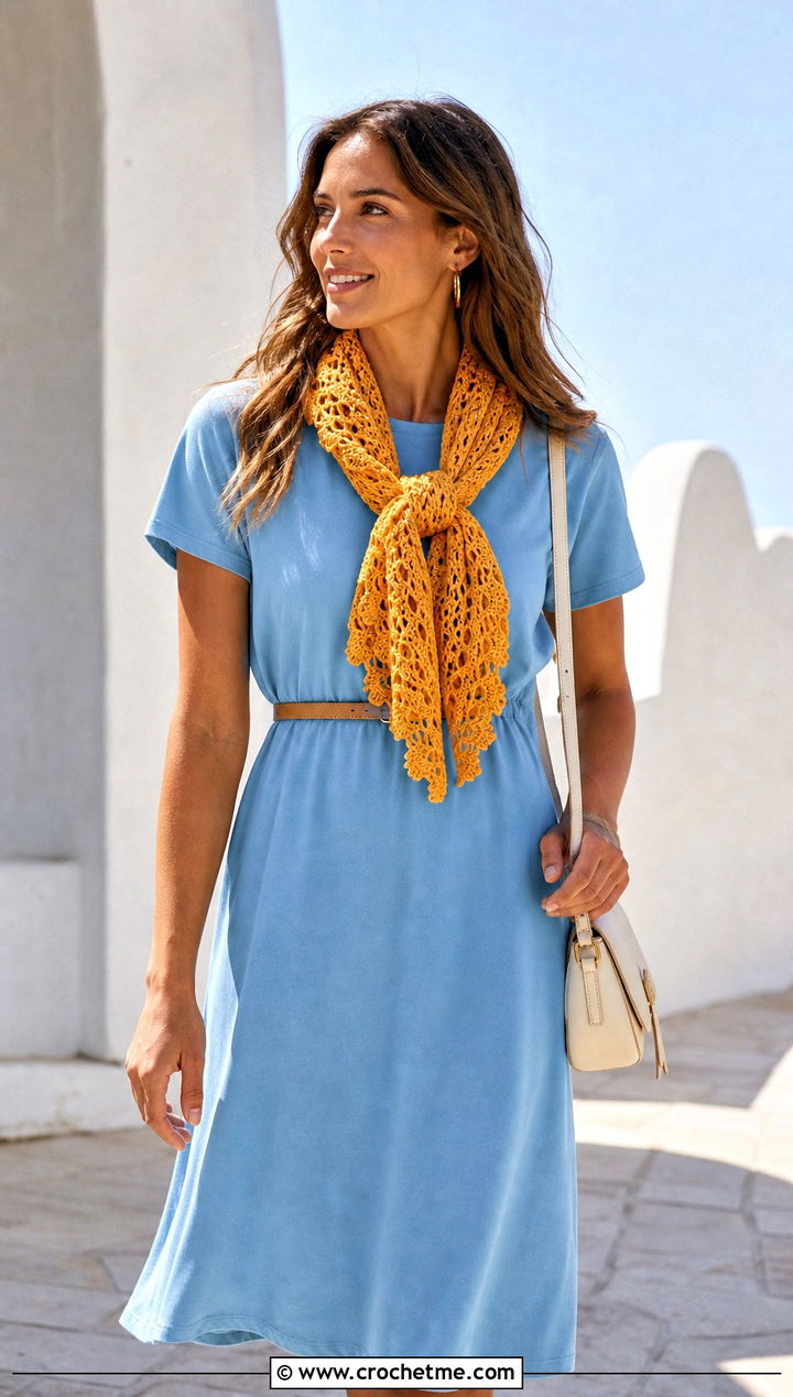 Lightweight Shell Crochet Scarf With T Shirt Dress - 20 Shell Crochet Scarf outfit ideas