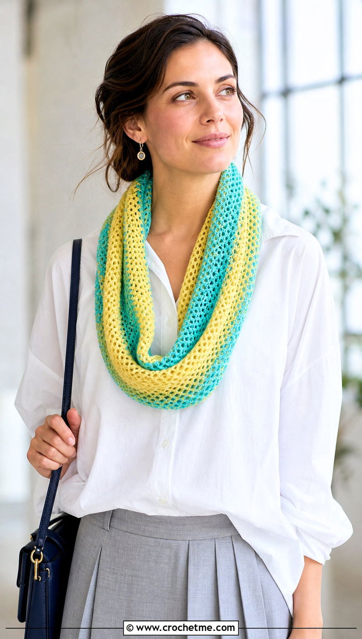 Lightweight Striped Crochet Infinity Scarf With White Shirt - 15 Striped Crochet Infinity Scarf outfit ideas