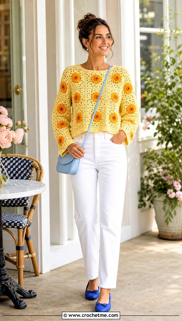 Lightweight Sunflower Granny Square Sweater With White Jeans - 30 sunflower granny square sweater outfit ideas