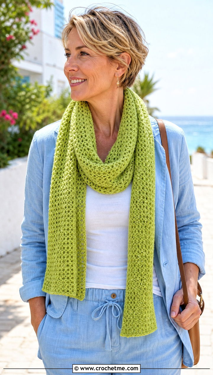 Lightweight Waffle Crochet Scarf With Linen Suit - 25 Waffle Crochet Scarf outfit ideas