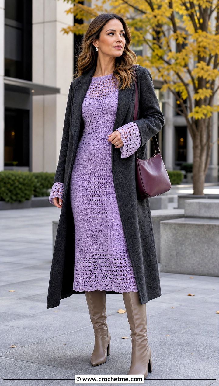 Lilac Long Sleeve Crochet Dress With Knee High Boots - 20 pastel crochet dress outfit ideas